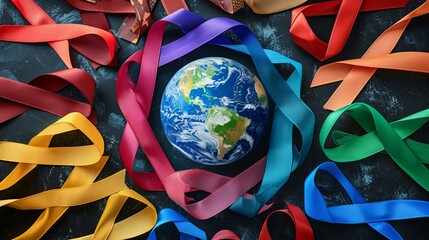 Colorful awareness ribbons laying in circle and earth globe in the middle, top view