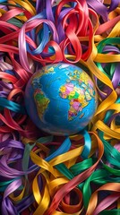 Obraz premium Globe surrounded by colorful ribbons. Vertical
