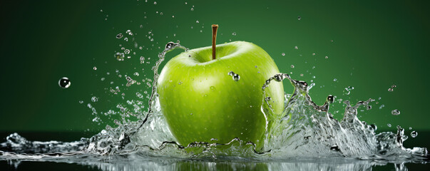 Water splash of apple on Green background. copy space for text.