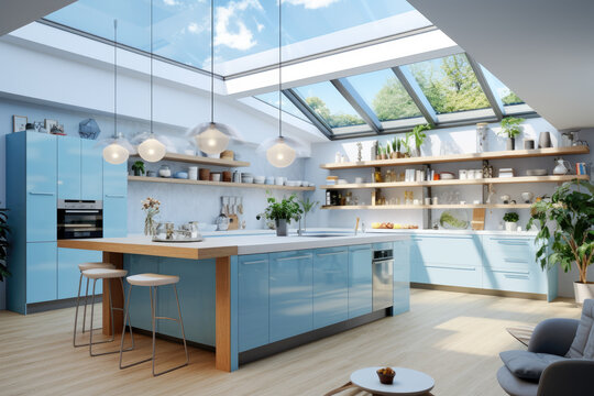 Modern sky blue color kitchen interior design with dining table and decoration