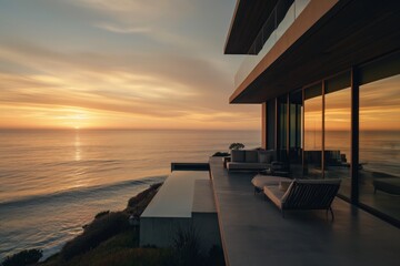 Modern house with view at ocean with sunset tones. Luxury quiet design
