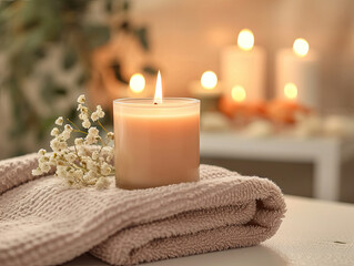 Obraz na płótnie Canvas Lit Candle on Towels, Serene Glow on a Pile of Soft Fabric