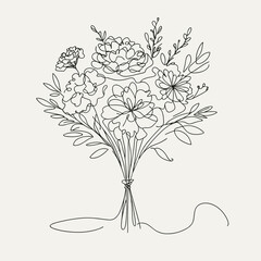 Minimalistic single line illustration of bouquet of flowers on white background