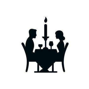 A black and white silhouette of a romantic candlelit dinner, minimalist abstract image 