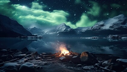 Fototapeta premium View of night sky with multicolored aurora borealis and snowy mountains peak background. Night glows in vibrant aurora reflection on the lake with forest. 