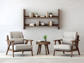 Beautiful living room with two chairs next to a wooden shelf in front of a white wall