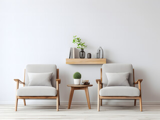 Beautiful living room with two chairs next to a wooden shelf in front of a white wall