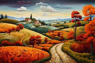 Autumn countryside landscape painting. Generative AI