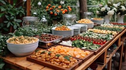 A wedding buffet with delicate dishes lined up on a table, generative ai