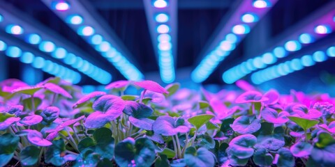Healthy organic food concept. Young salad grow in vertical farm under ultraviolet UV plant lights...