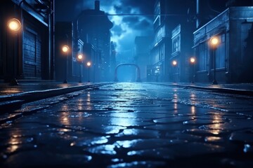 Dark street with wet asphalt, abstract blue background, smoke, and neon lights.