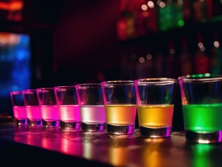 Row of colorful shots being poured simultaneously into shot glasses, in a neon-lit bar during a wild bachelor party