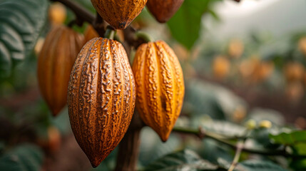  Fruit ripe yellow cacao from the cacao tree. Harvest the agricultural cocoa business produces. Group of red cocoa pods hanging on tree branch. 