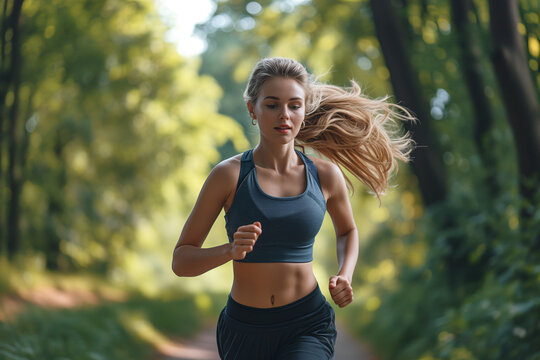 Active Woman Enjoying a Jog in the Green Park, Embracing Fitness and Outdoor Lifestyle