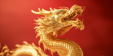 Obraz premium Golden Chinese Dragon Statue on Red Background: Symbolic Art of Ancient East Asia