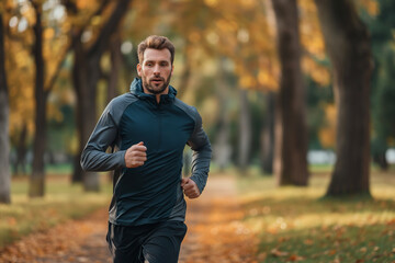 A smiling man enjoying outdoor fitness in a green park during the autumn season