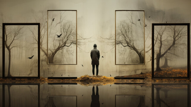 Narcissism concept surreal triptych painting background