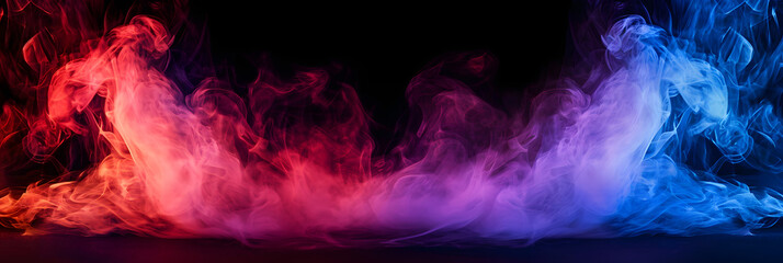 Dramatic smoke and fog in contrasting vivid red, blue, and purple colors. Vivid and intense abstract background or wallpaper.