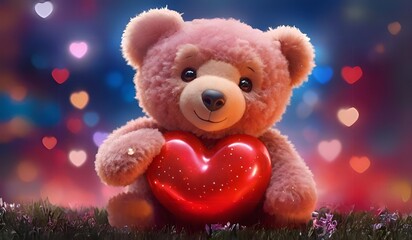 A Captivating Closeup of a Hot Red Diamond Heart , Embraced by a Beautiful Smiling Teddy Bear on a Shiny Landscape, Perfect for Valentine's Day, Valentines day concept