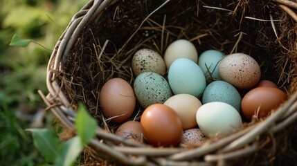 A basketful of freshly picked chicken eggs. Generative AI