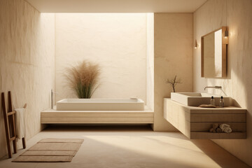 Fototapeta na wymiar Navajo white color spacious minimal design luxury decorated bathroom interior