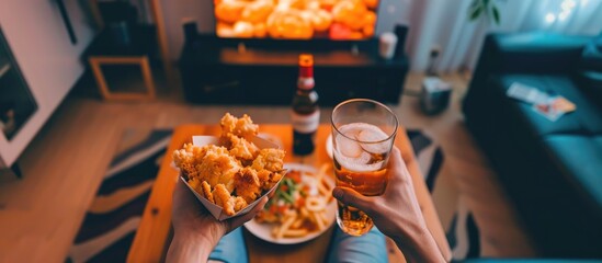 A modern person enjoying takeaway dinner and alcohol while watching TV.
