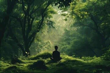 Person meditating in green forest.