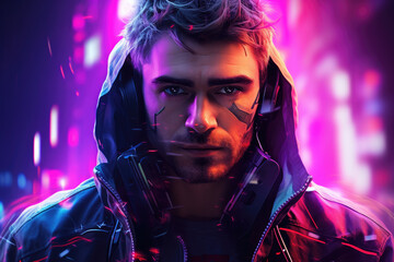 Neon color illuminated image of futuristic style cyberpunk male portrait