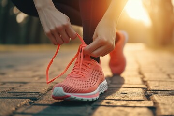 Person lacing running shoes in morning light, committing to fitness. - obrazy, fototapety, plakaty