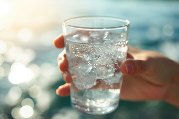 Person holding glass of water, close-up shot, promoting hydration.