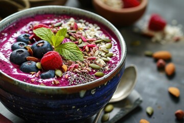 Colorful smoothie bowl with nuts and seeds, close-up shot showcasing healthy, balanced eating.