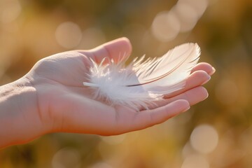 Person gently holding feather, symbolizing lightness and holistic health.
