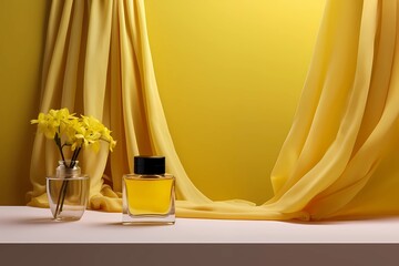 perfume flacon with flowers on the yellow textile background, cosmetic bottle mockup presentation