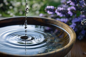 Drop of essential oil dripped into bowl of water, symbolizing natural wellness and aromatherapy.
