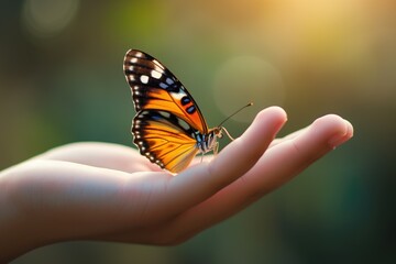 Hand holding delicate butterfly, symbolizes transformation and beauty of evolution.