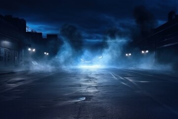 Dark scene with blue light and smoke.