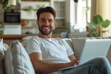 Obraz premium Smiling Man Using Laptop in Cozy Living Room