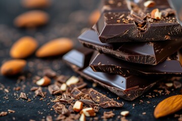 Close-up of dark chocolate and almonds for heart health and mindful indulgence.