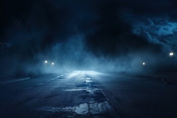 Dark scene with blue light and smoke.