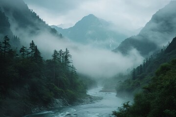 river in misty mountains