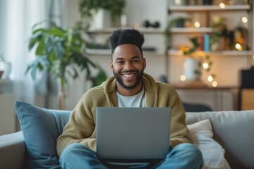 Smiling Man Using Laptop in Cozy Living Room