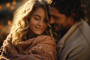 An affectionate couple embraces tenderly in a park, radiating happiness and love during summer.