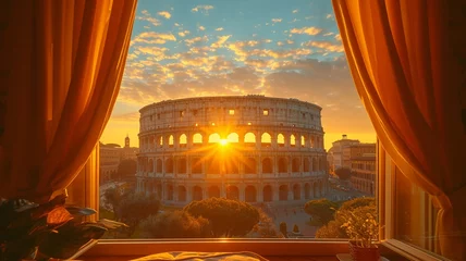 Wandcirkels plexiglas Landscape Scene of Colosseum at the sunset time, view from inside decorate home apartment, window and balcony view, holiday and tourist concept ,generative ai © JKLoma