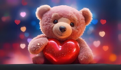 Fototapeta premium A Captivating Closeup of a Hot Red Diamond Heart , Embraced by a Beautiful Smiling Teddy Bear on a Shiny Landscape, Perfect for Valentine's Day, Valentines day concept