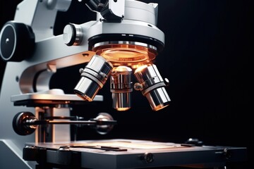 Lab research microscope closeup photo.