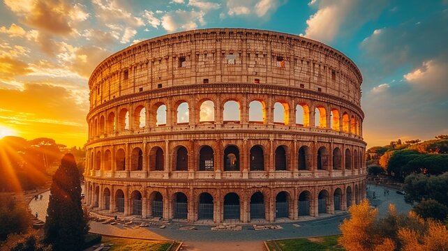 Landscape Scene of Colosseum at the sunset time, view from inside decorate home apartment, window and balcony view, holiday and tourist concept ,generative ai