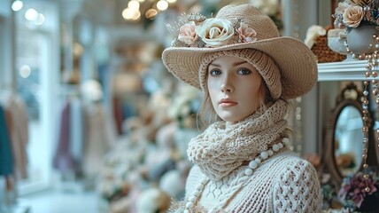 Luxury Fashion Showcase: Beige Woman's Mannequin on Shop Shelf with Mirror, generative ai