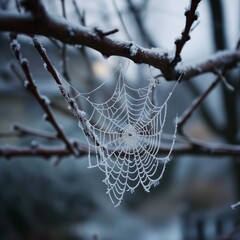 frozen spiderweb in the morning outdoors
