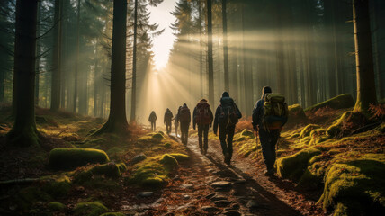 People walk down trail in sunny woods, group of hikers in forest against sunbeams. Landscape with...