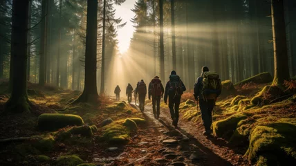 Foto op Aluminium People walk down trail in sunny woods, group of hikers in forest against sunbeams. Landscape with men, sunlight and trees. Concept of hiking, tourism, nature, adventure and travel © karina_lo
